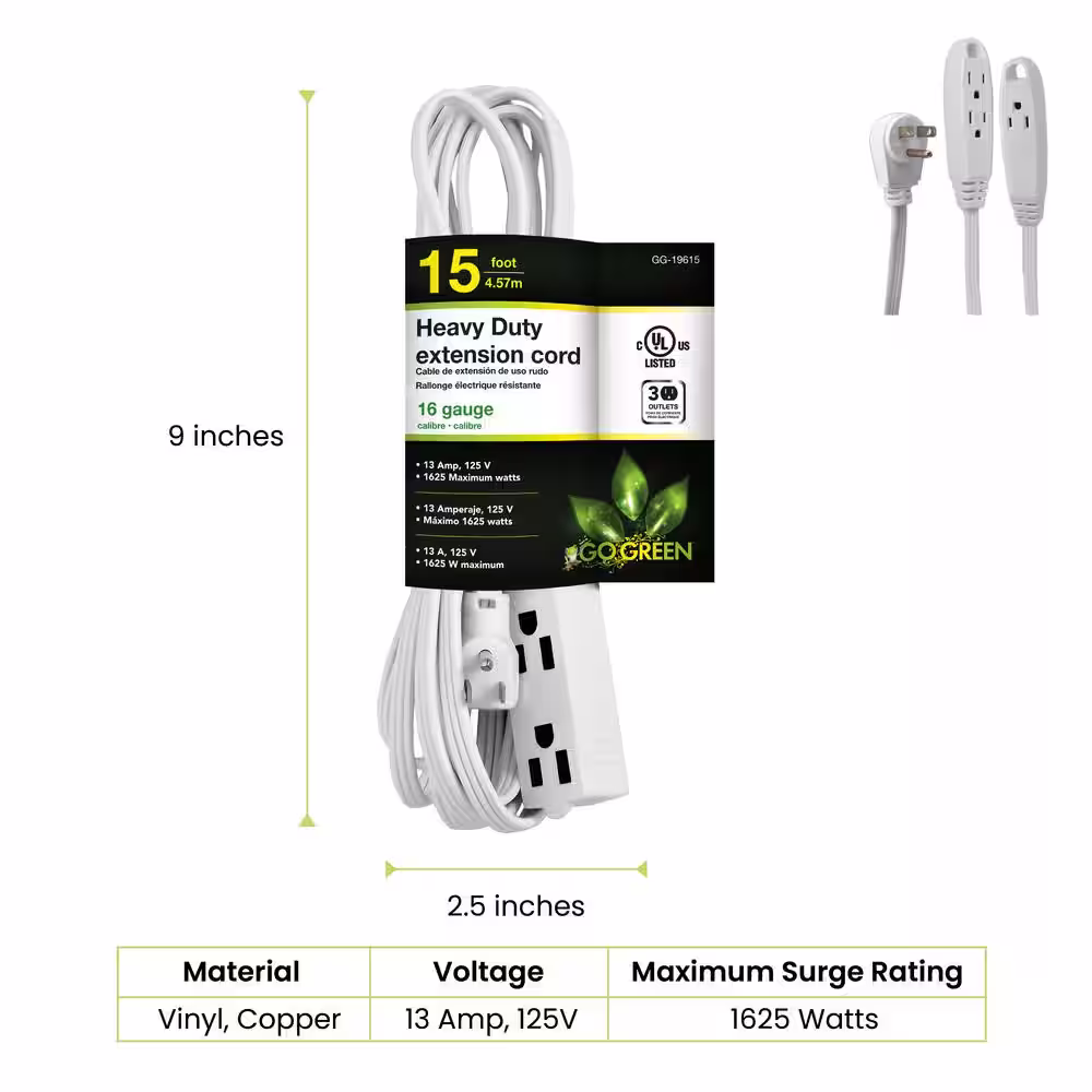 GoGreen Power 15 ft. 16/3 SPT-2, 3 Outlet Extension Cord - White