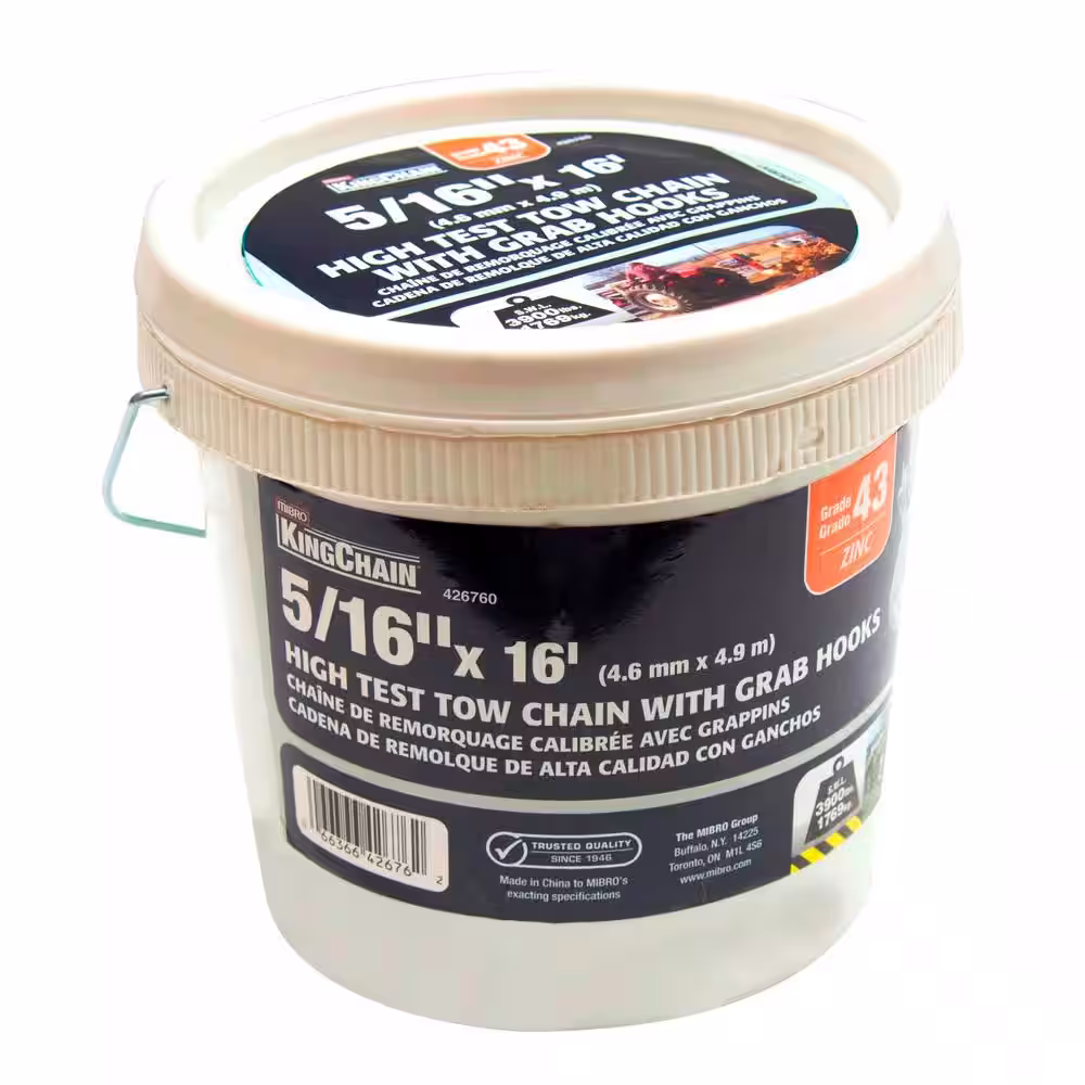 KingChain 5/16 in. x 16 ft. Grade 43 High-Test Tow Chain with 5/16 in. Clevis Grab Hooks Zinc Plated Storage Pail