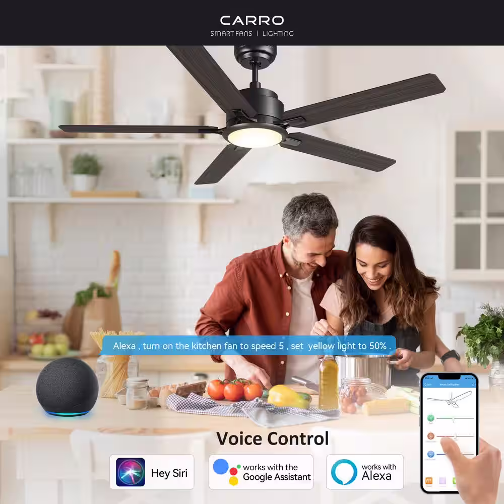 CARRO Essex 60 in. Dimmable LED Indoor/Outdoor Black Smart Ceiling Fan with Light and Remote, Works with Alexa/Google Home