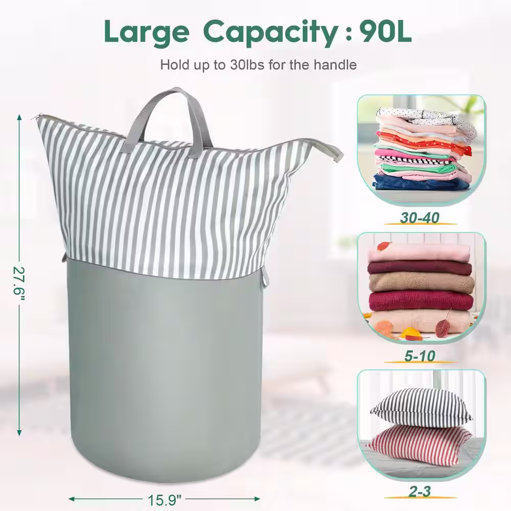 None Gray Fabric Laundry Basket with Zipper and Handles 90 l