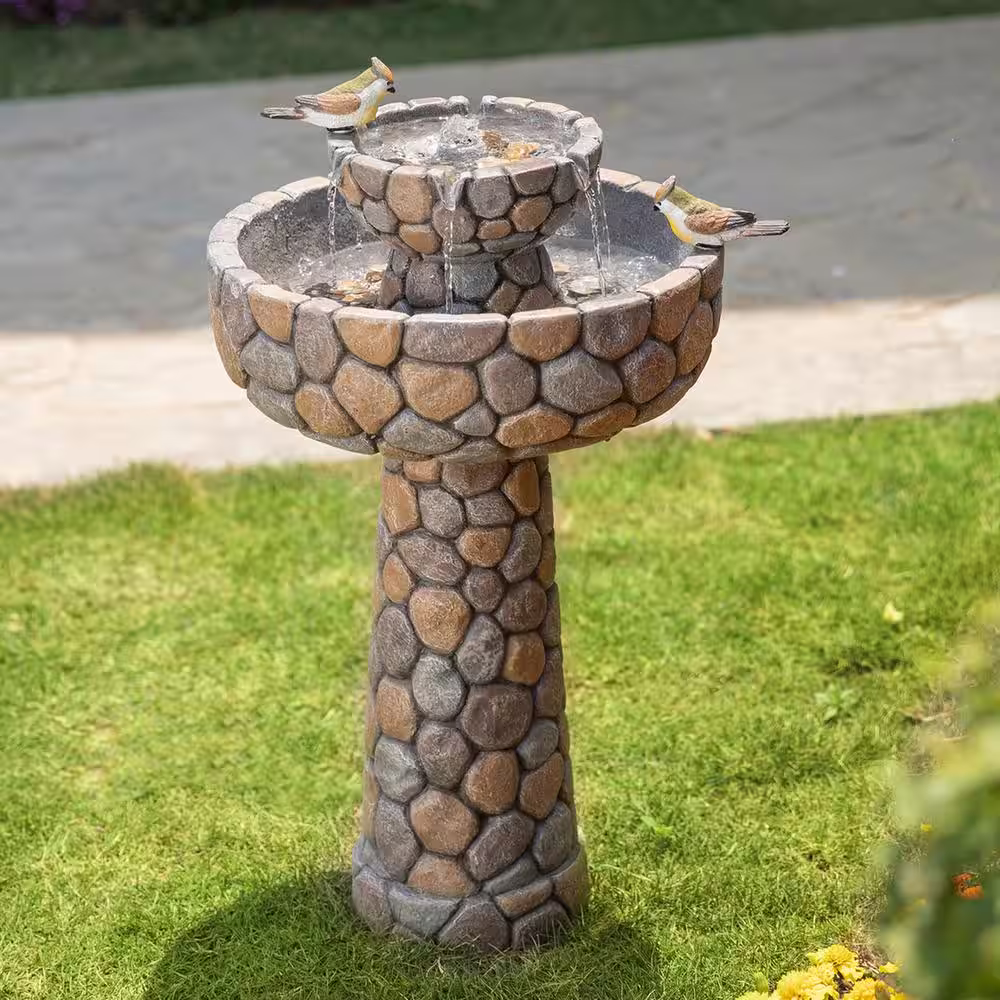 Glitzhome 24.41 in. H Outdoor Polyresin 2-Tierd Stone-Like Birdbath Fountain