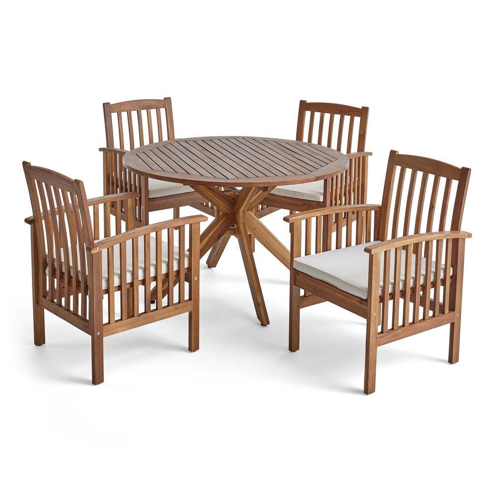 Noble House Casa Acacia Teak Brown 5-Piece Acacia Wood Round Table with X-Legs Outdoor Dining Set with Cream Cushions