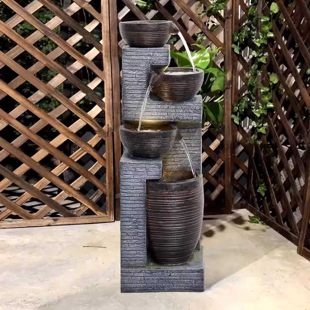 Watnature 40.1 in. Resin Rustic Garden Fountain with LED Lights, 4-Tiered Urns Indoor Outdoor Freestanding Waterfall Fountains