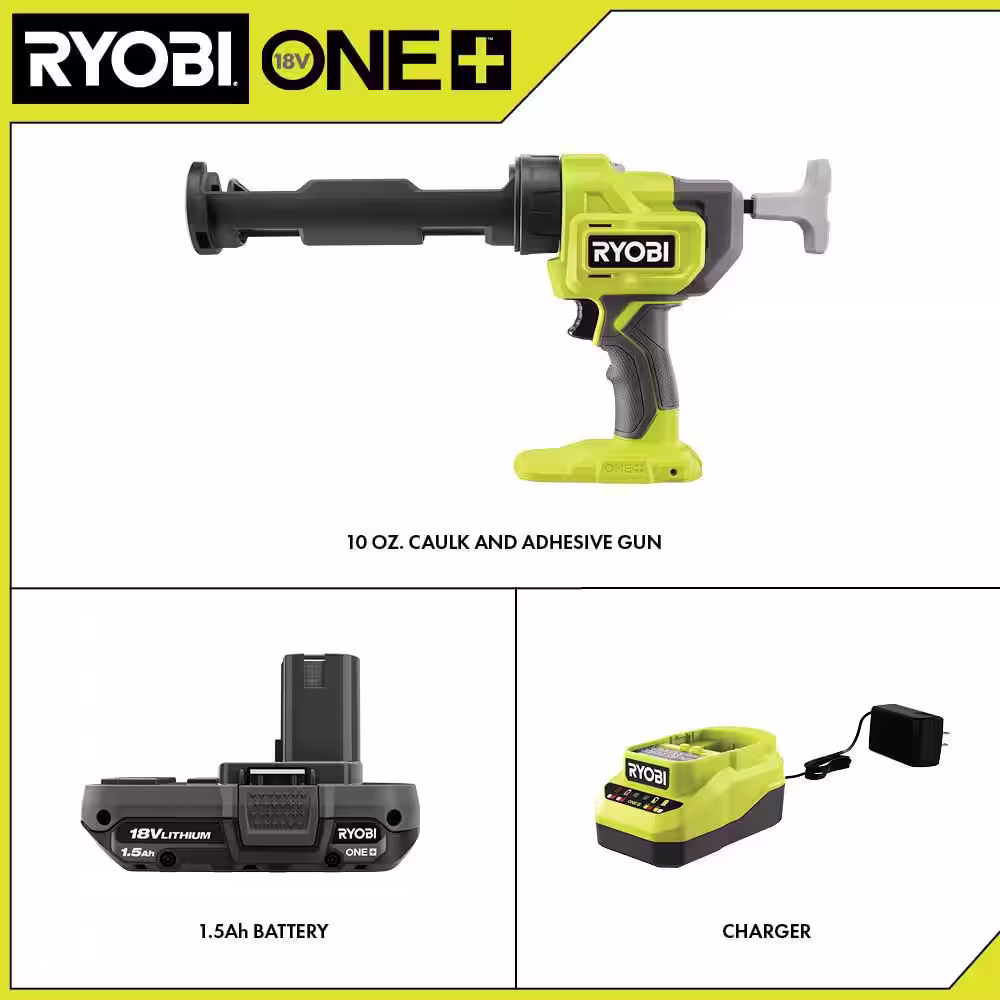 RYOBI ONE+ 18V Cordless 10 oz. Caulk & Adhesive Gun Kit with 1.5 Ah Battery and Charger with FREE 2.0 Ah Battery