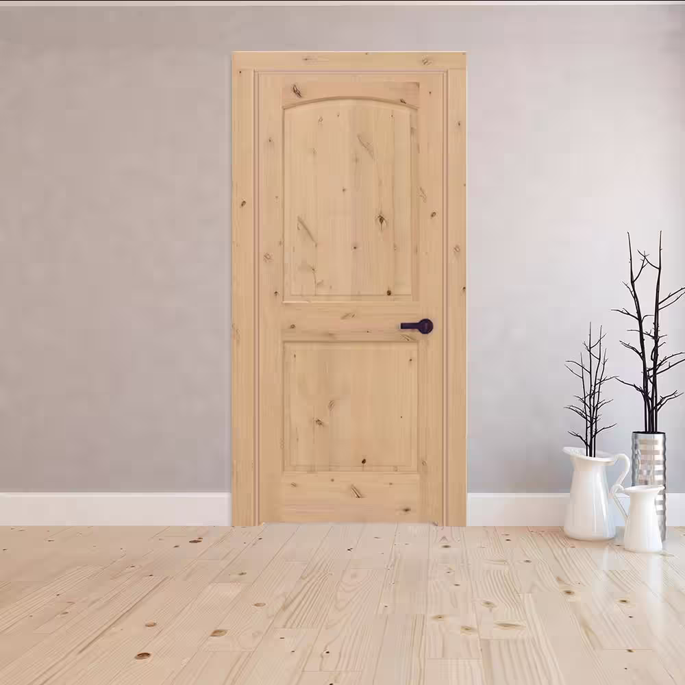 Steves & Sons 28 in. x 80 in. 2-Panel Round Top LH Unfinished Knotty Alder Single Prehung Interior Door with Nickel Hinges and Casing