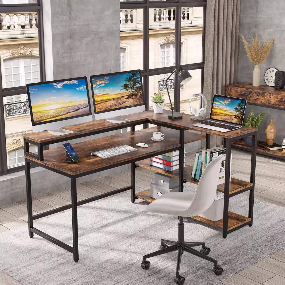 TRIBESIGNS WAY TO ORIGIN Halseey 55 in. W L-Shaped Brown Corner Computer Desk Writing Studying Reading Desk 2-Tier Storage Shelves Monitor Stand