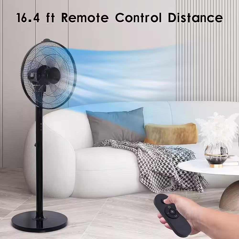 None Simple Deluxe Oscillating 14 .5 in. Adjustable 12-Speeds Pedestal Stand Fan with Remote Control, 9-Hours Timer, Black