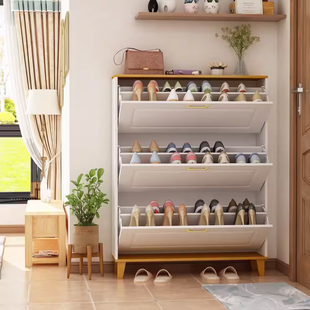 FUFU&GAGA 47.2 in. H x 35.4 in. W 24-Pairs White Wood Shoe Storage Cabinet with Foldable Compartments