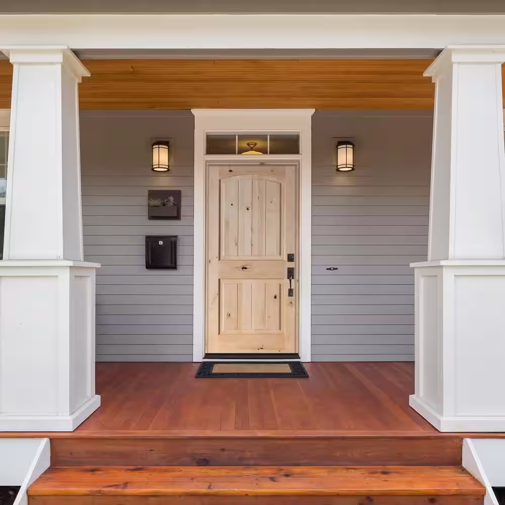 Krosswood Doors 36 in. x 80 in. Rustic Knotty Alder 2-Panel Top Rail Arch V-Groove Unfinished Wood Front Door Slab