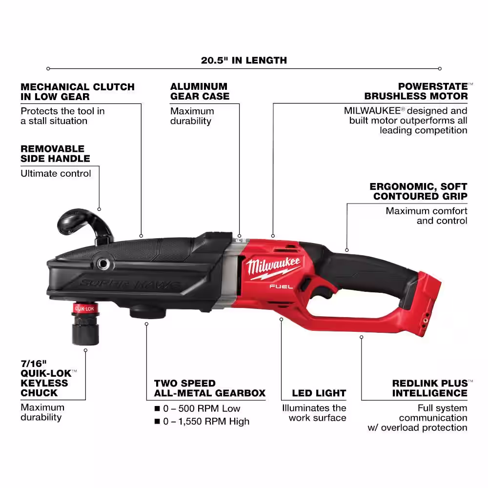 Milwaukee M18 FUEL 18V Lithium-Ion Brushless Cordless GEN 2 SUPER HAWG 7/16 in. Right Angle Drill w/6.0 ah Battery