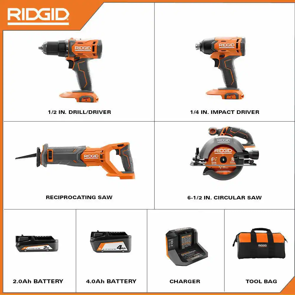 RIDGID 18V Cordless 4-Tool Combo Kit with (1) 4.0 Ah Battery, (1) 2.0 Ah Battery, Charger, and Bag
