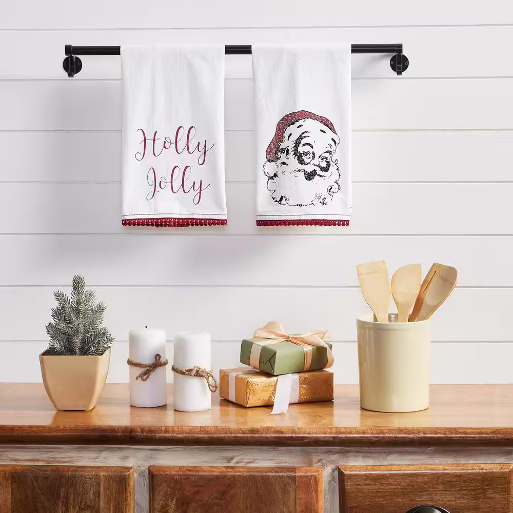 VHC BRANDS Kringle Chenille Red White Seasonal Holly Jolly Cotton Muslin Kitchen Tea Towel Set (Set of 2)