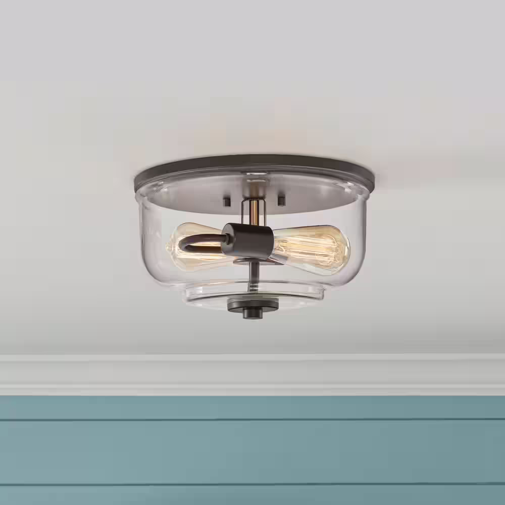 Home Decorators Collection Knollwood 12 in. 2-Light Blackened Bronze Industrial Flush Mount with Vintage Brass Accents and Clear Glass Shade
