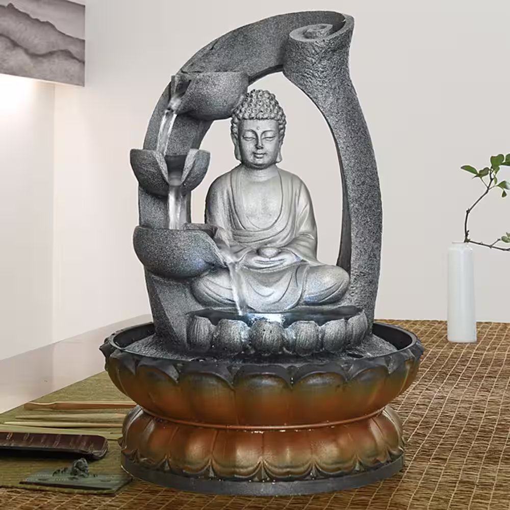 Watnature 11 in. Resin Water Flow Buddha Fountain, Tabletop Water Fountain with LED Lights & Circular Water for Good Luck Keeping