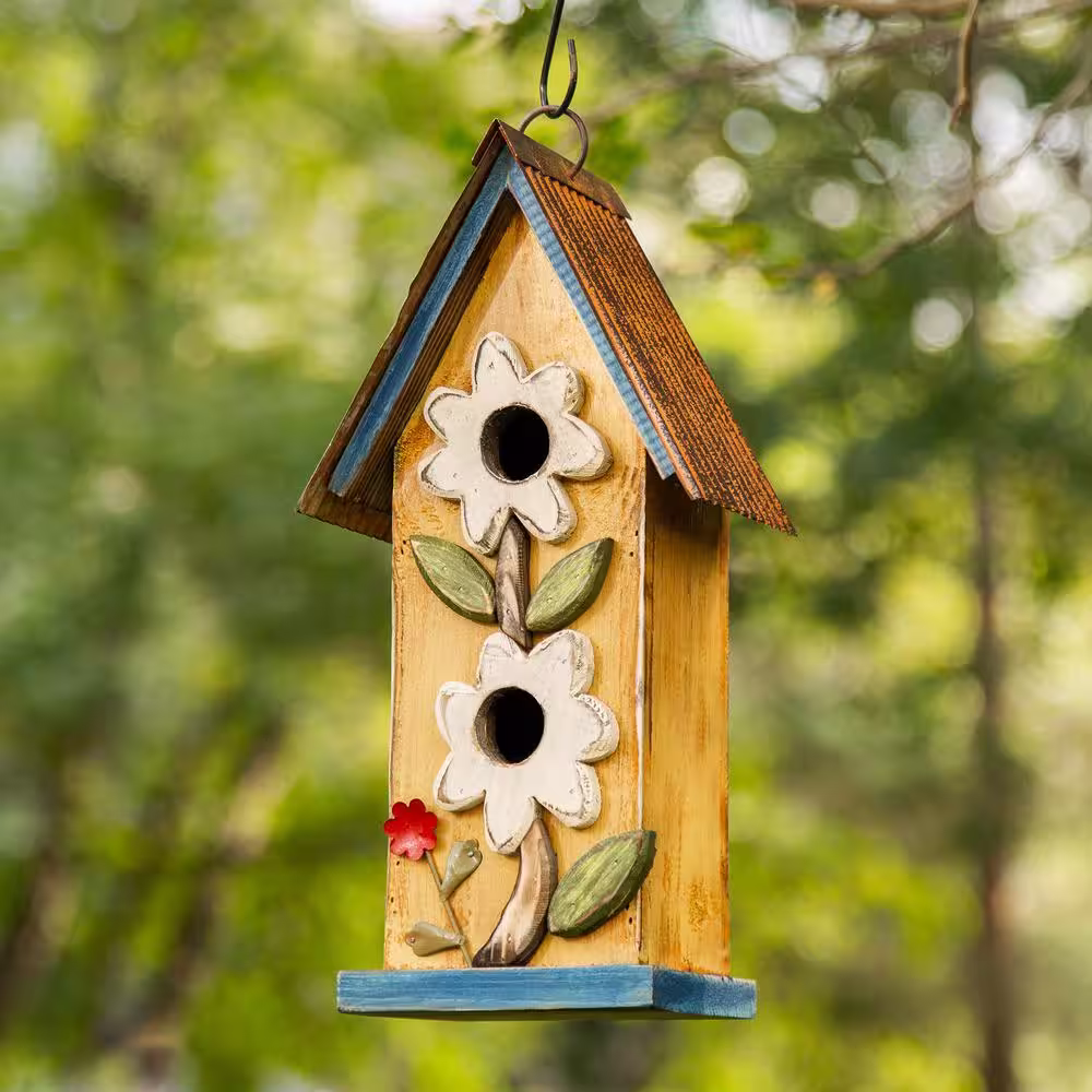 Glitzhome 13.75 in. H 2-Tiered Distressed Solid Wood Birdhouse with Flower