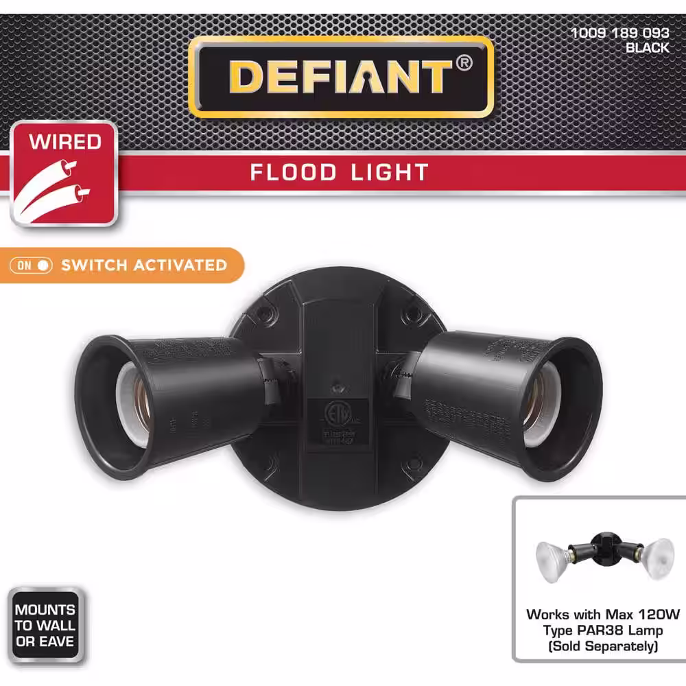Defiant PAR Black Switch Activated Wired Outdoor 2-Head Security Flood Light