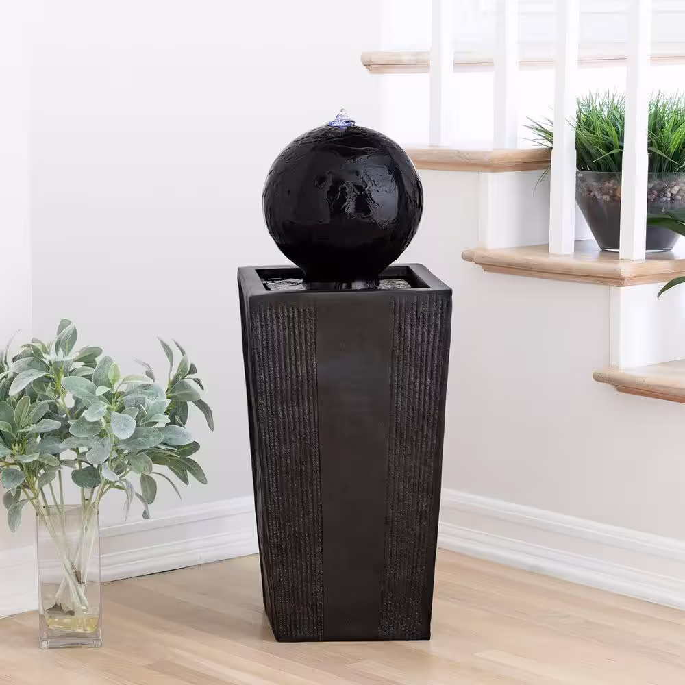 Alpine Corporation 33 in. Tall Outdoor Modern Sphere and Pedestal Fountain with LED Light