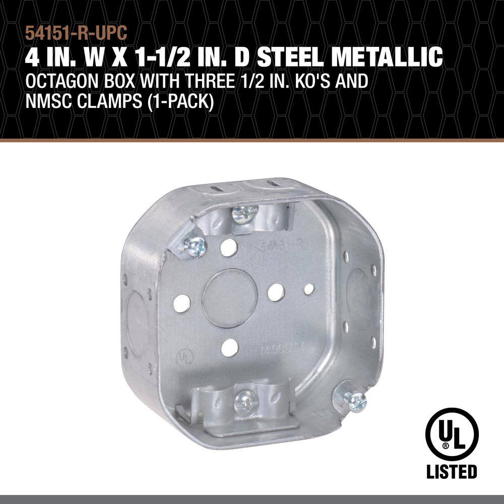 Southwire 4 in. W x 1-1/2 in. D Steel Metallic Octagon Box with Three 1/2 in. KO's and NMSC Clamps, 1-Pack