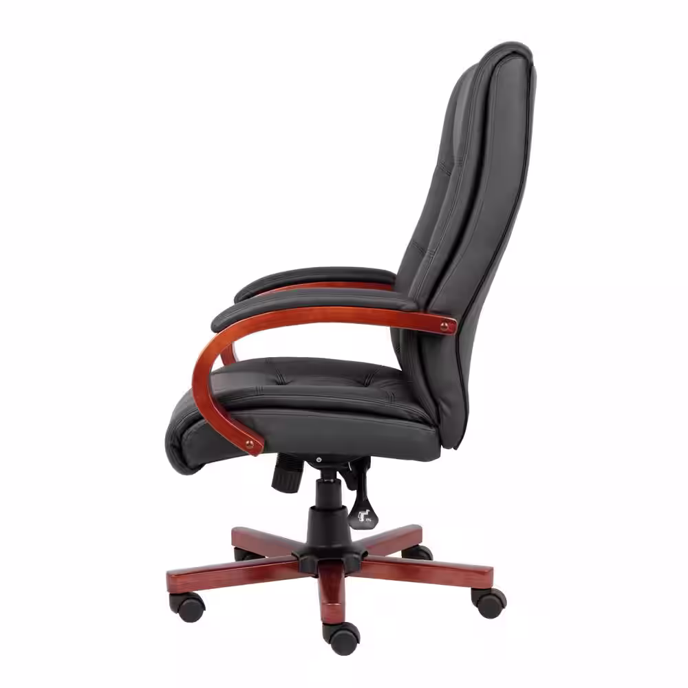 BOSS Office Products Executive High Back Wood Frame Chair - Black Caressoft Cover - Cherry Finish - Padded Arms - by BOSS