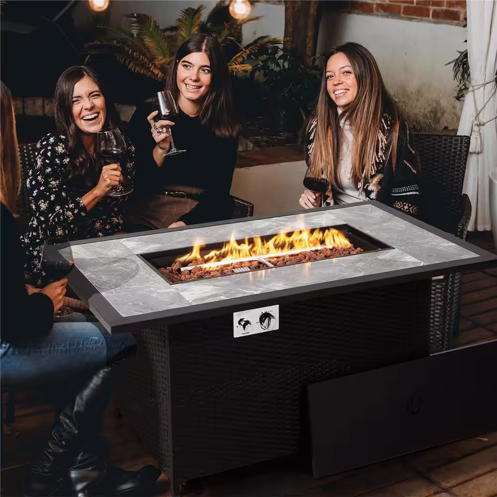 Costway 52 in. Propane Fire Pit Table Marble Tabletop Rattan Wicker w/Rain Cover Lava Rock
