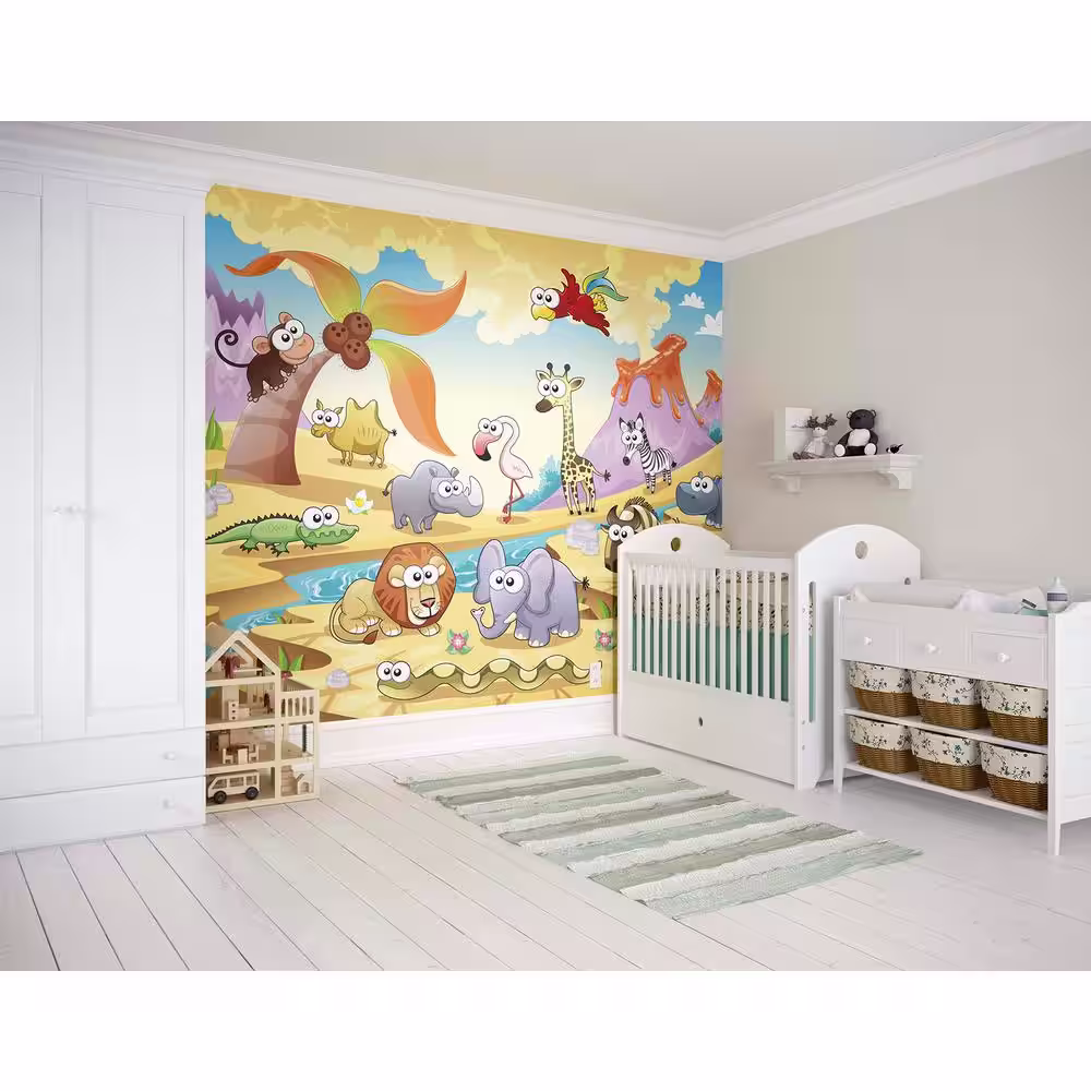 OhPopsi African Cartoon Animals With Volcanoes Wall Mural
