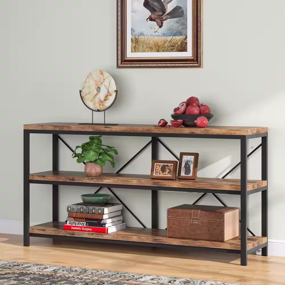 BYBLIGHT Turrella 55 in. W Rustic Brown 3-Tiers Narrow Long Rectangle Wood Console Table with Storage Shelves for Entryway Sofa