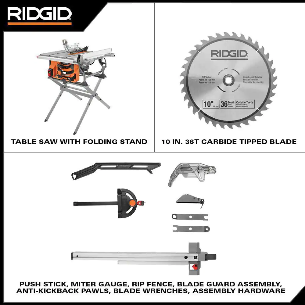 RIDGID 15 Amp 10 in. Portable  Corded Jobsite  Table Saw with Folding Stand
