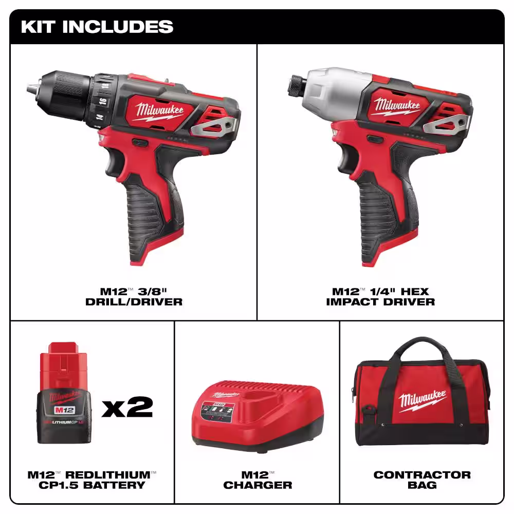 Milwaukee M12 12V Lithium-Ion Cordless Drill Driver/Impact Driver Combo Kit (2-Tool) with (1) M12 4.0Ah Extended Capacity Battery