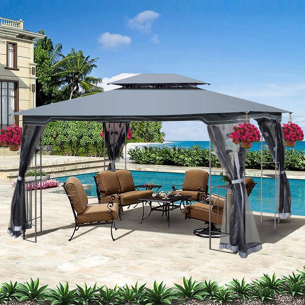 None 13 ft. x 10 ft. Gray Outdoor Patio Gazebo Canopy Tent with Ventilated Double Roof Suitable for Garden, Backyard
