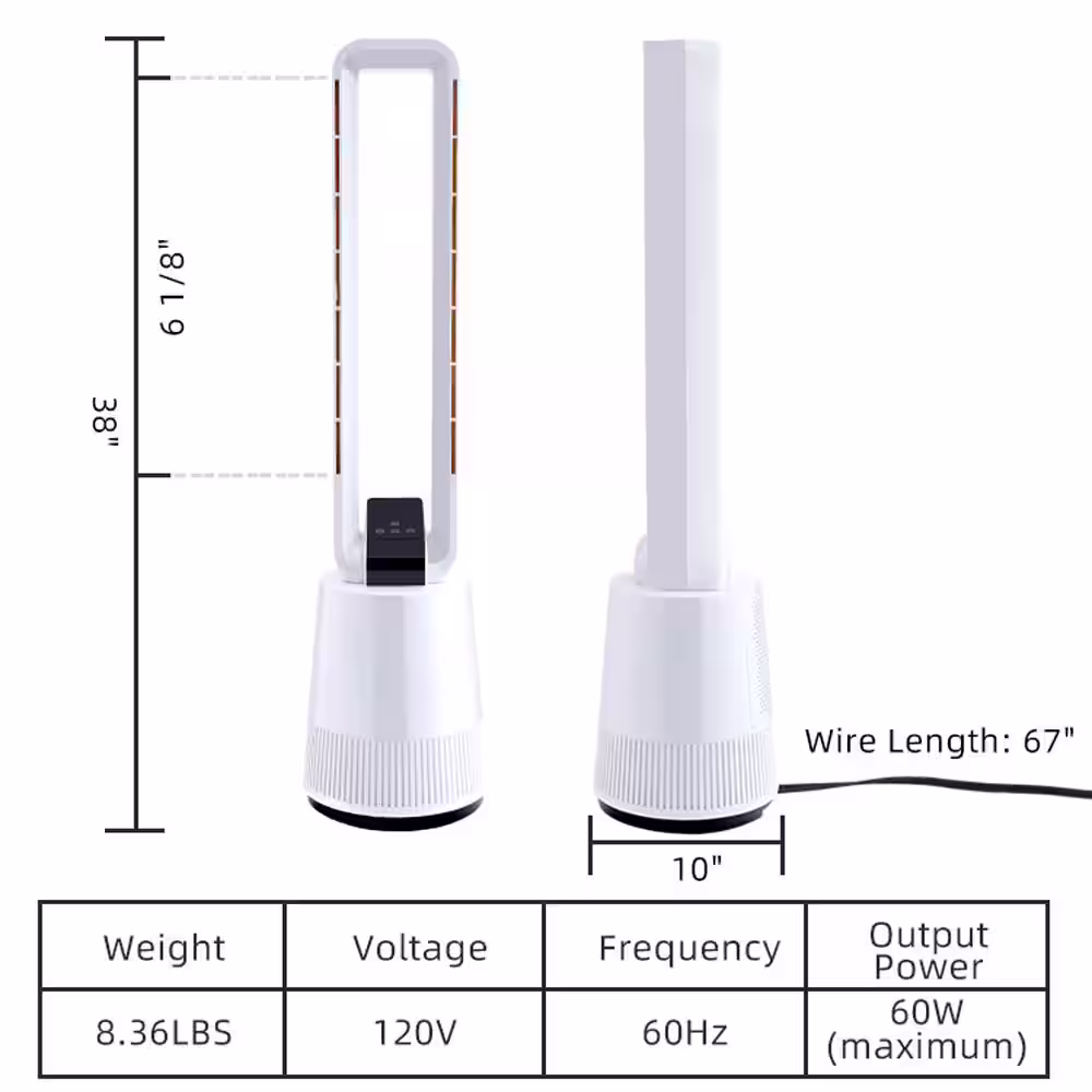None 38 in. White Portable Bladeless Tower Fan with 3-Speeds, 15-Hours Timer and Remote Control