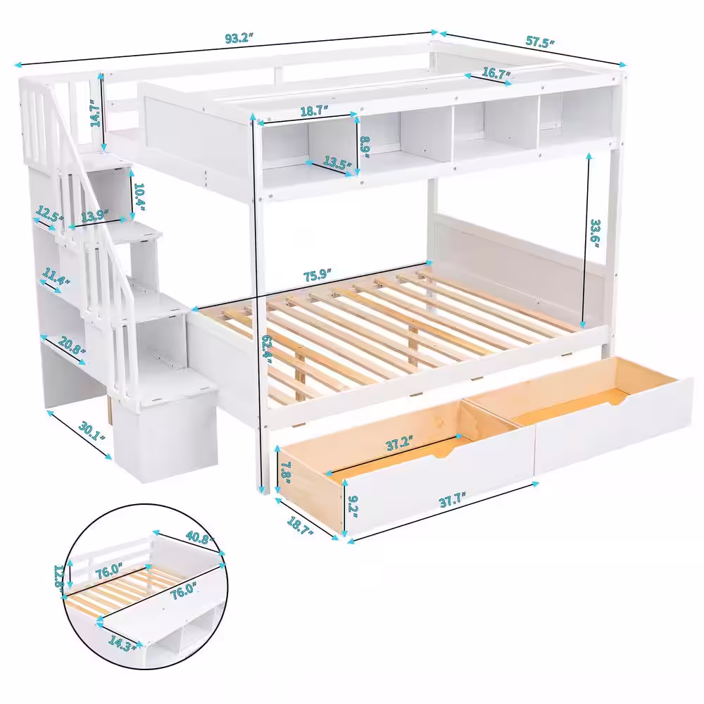Harper & Bright Designs White Twin Over Full Wooden Bunk Bed with Shelves, Storage Staircase and 2-Drawers