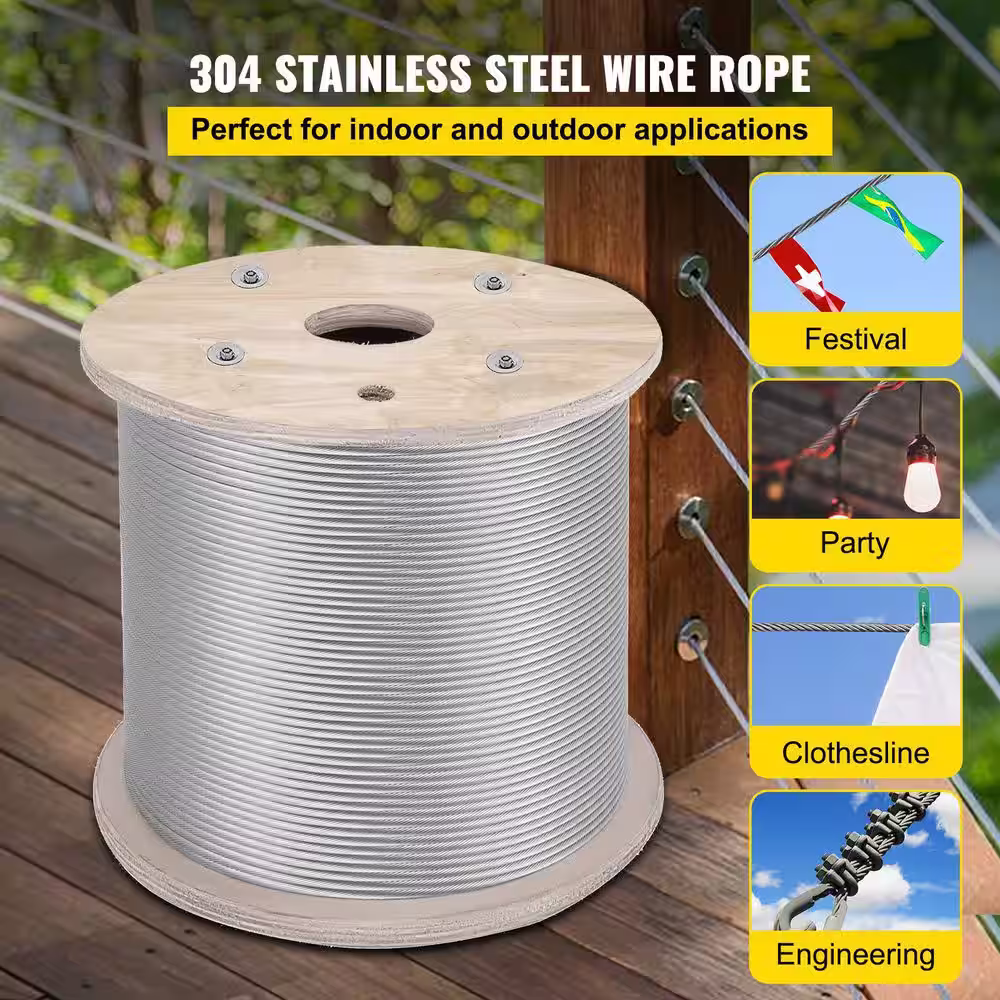 VEVOR Steel Wire Rope 304 Stainless Steel 7x19 Steel Cable 200 ft. x 1/4 in. for Railing Decking DIY Balustrade