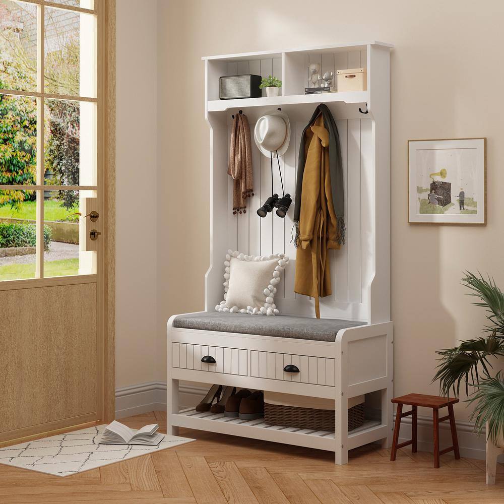 None 68.5 in. White Wood 3-in-1 Coat Rack with 4-Metal Hooks and 2-Drawers, Storage Bench