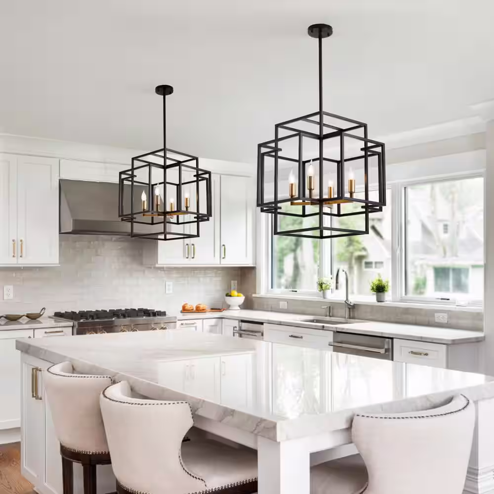 Magic Home 4-Light Industrial Chandelier Dining Room Lighting Fixture Foyer Cage Kitchen Island Ceiling Lamp, Black and Gold