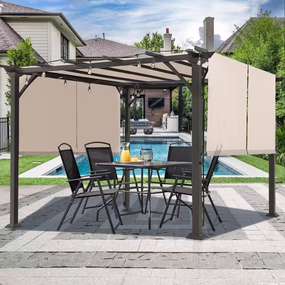 None 10 ft. x 10 ft. Steel Patio Pergola with Beige Shade Canopy