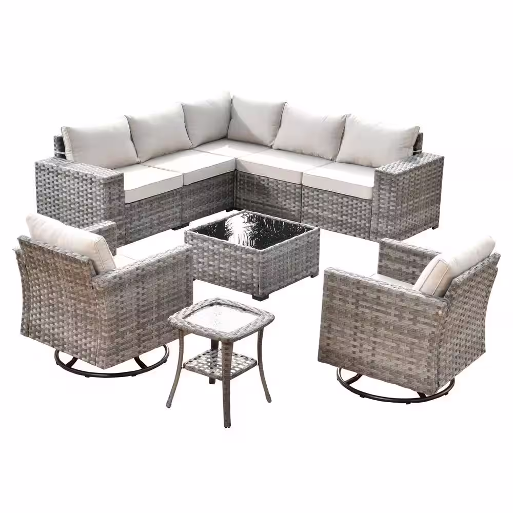 None Marvel Gray 9-Piece Wicker Wide Arm Patio Conversation Set with Beige Cushions and Swivel Rocking Chairs
