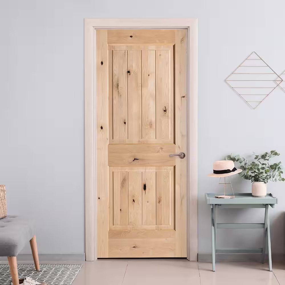Krosswood Doors 36 in. x 80 in. Knotty Alder 2 Panel Square Top with V-Groove Solid Wood Core Interior Door Slab