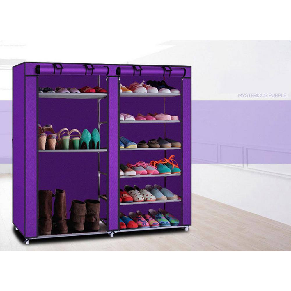 None Double Rows 44 in. H x 11.02 in. W 27-Pairs Purple Fabric Shoe Rack with Dust Cover