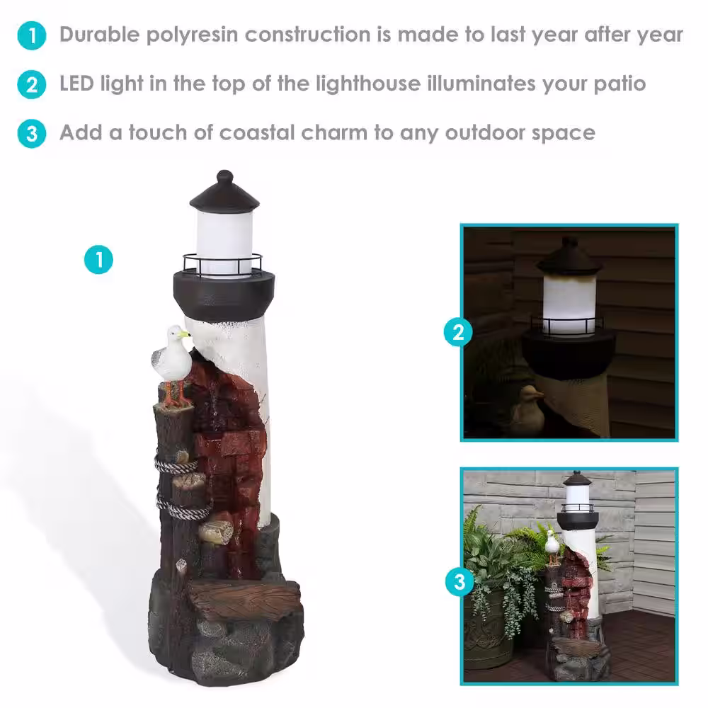 Sunnydaze Decor Gull's Cove Outdoor Lighthouse Cascading Water Fountain with LED Light