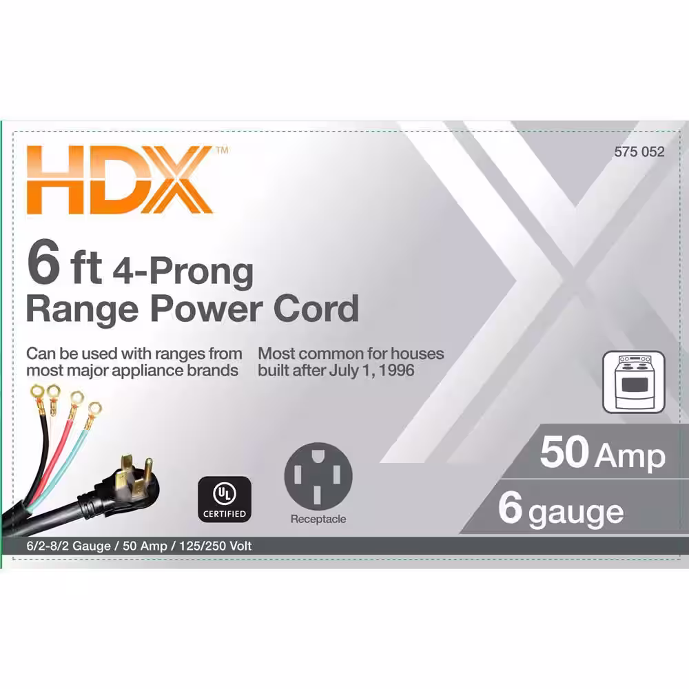HDX 6 ft. 6/4 50 Amp 4-Prong Range Power Cord, Black