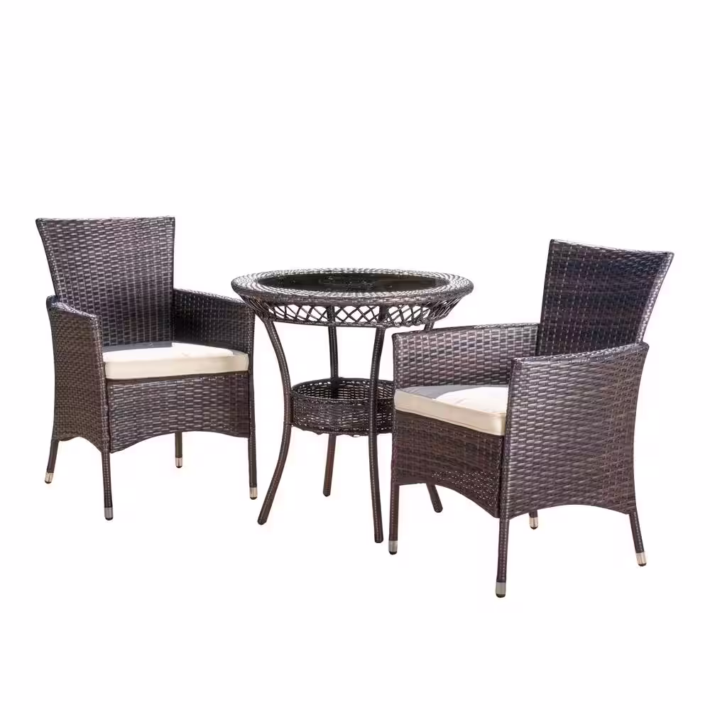 Noble House Multi-Brown 3-Piece Faux Rattan Round Outdoor Bistro Set with Beige Cushion