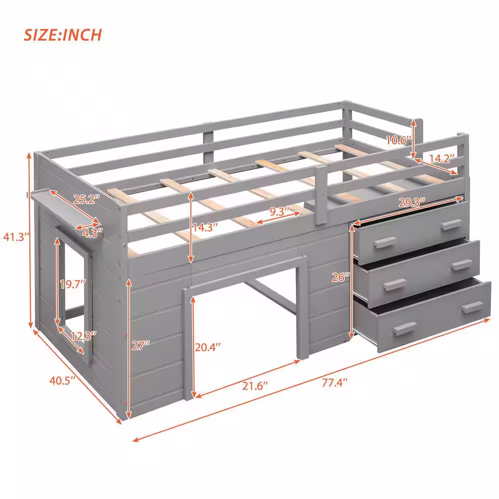 Harper & Bright Designs Gray Twin Size Wooden Loft Bed with Cabinet and Shelf