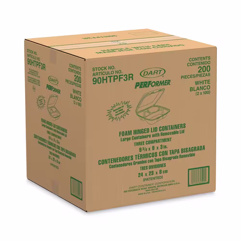 DART Foam Hinged Lid Containers with Performer Perforated Lids, 3-Compartment, 9 x 9.4 x 3, White (200-Pack)