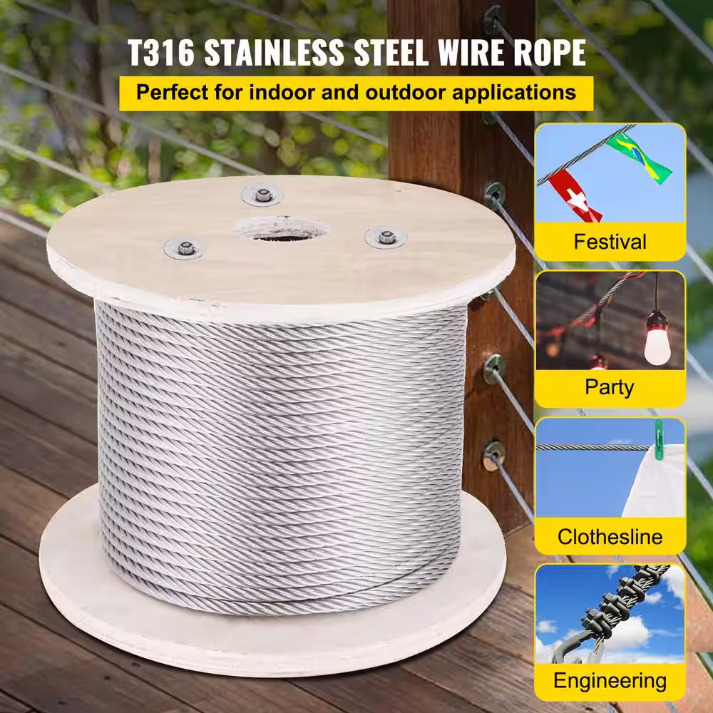 VEVOR 500 ft. Stainless Steel Cable 5/32 in. Stainless Steel Wire Rope 1 x 19 Steel Cable for Railing Decking DIY Balustrade