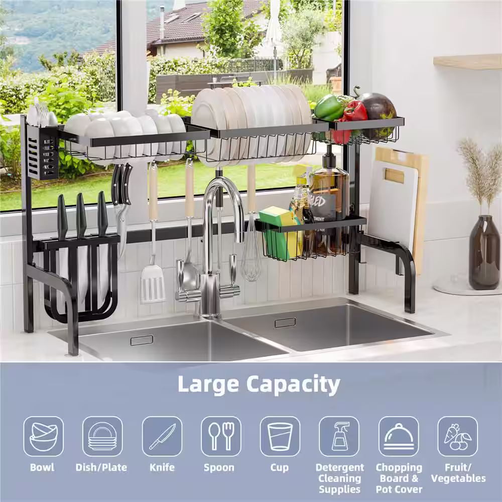 Costway 21 in. to 39 in. Over Sink Dish Drying Rack 2 Tier Adjustable Dish Rack with 8 Hooks