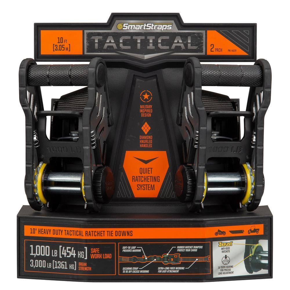 SmartStraps 10 ft. Orange Tactical Ratchet Tie Down Straps with 1,000 lb. Safe Work Load - 2 pack