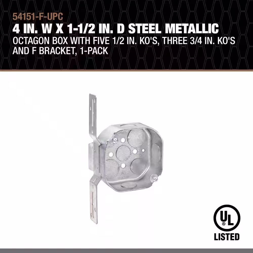 Southwire 4 in. W x 1-1/2 in. D Steel Metallic Octagon Box with Five 1/2 in. KO's, Three 3/4 in. KO's and F Bracket, 1-Pack