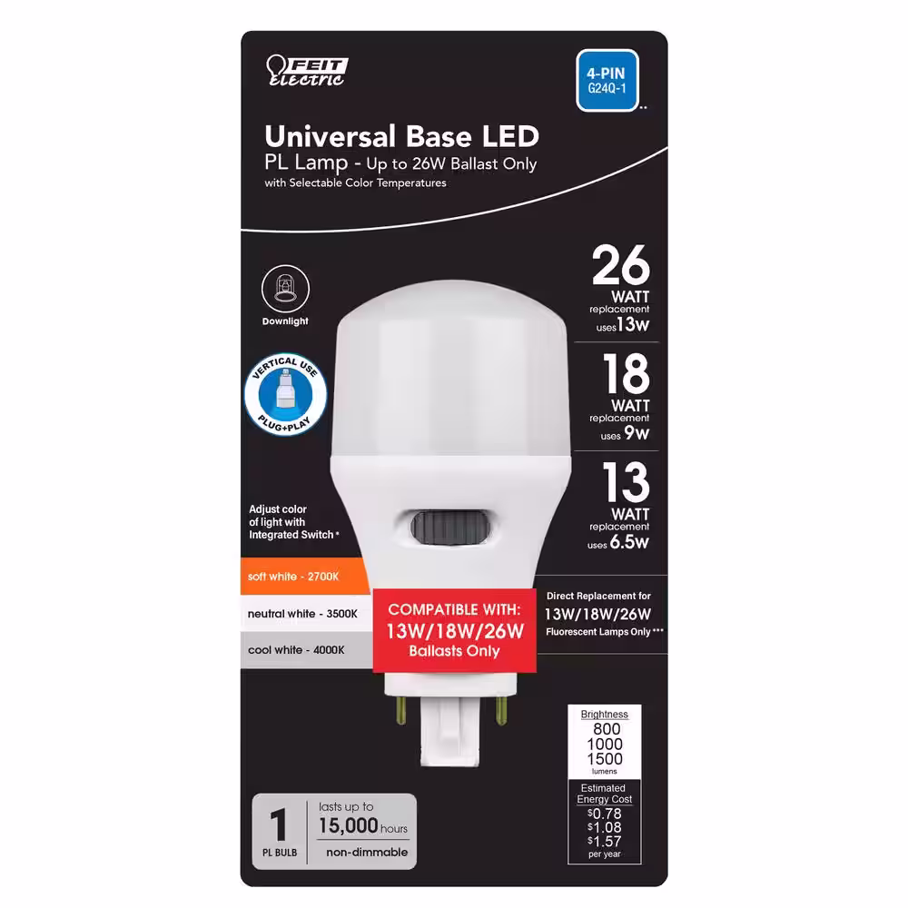 Feit Electric 13W/18W/26W Equivalent PL Vertical 4-Pin Universal Base G24Q/GX24Q-1/-2/-3 with CCT Select LED Light Bulb (12-Pack)