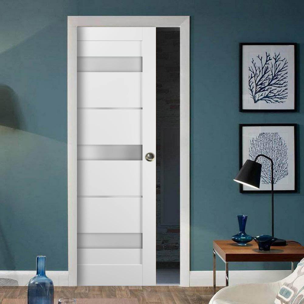 Sartodoors 4055 32 in. x 96 in. Panel No Bore 3 Lites Frosted Glass Solid MDF Core White Finished Pine Wood  Interior Door Slab