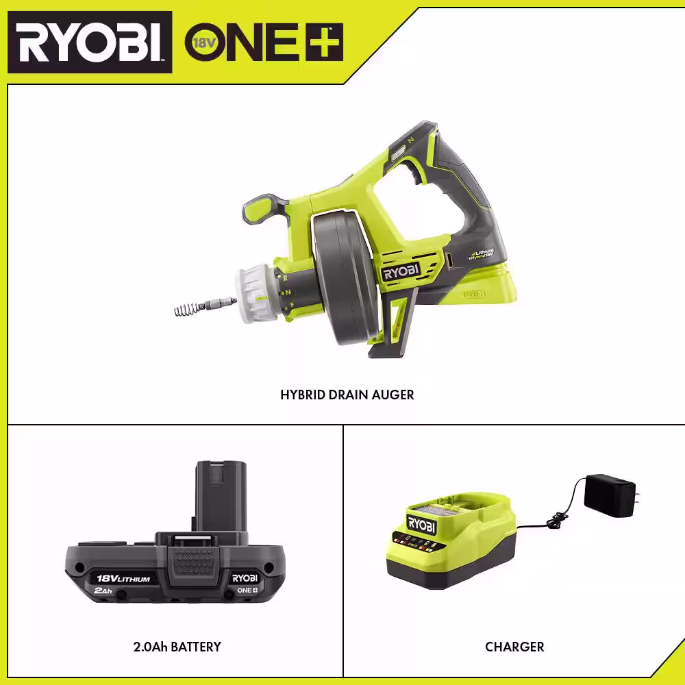 RYOBI ONE+ 18V Hybrid Drain Auger and 2.0 Ah Compact Battery and Charger Starter Kit